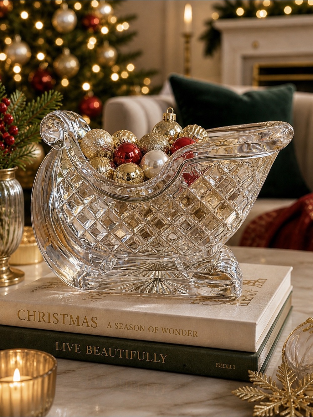 Vintage Cut Glass Sleigh Candy Dish | Crystal Holiday Centerpiece